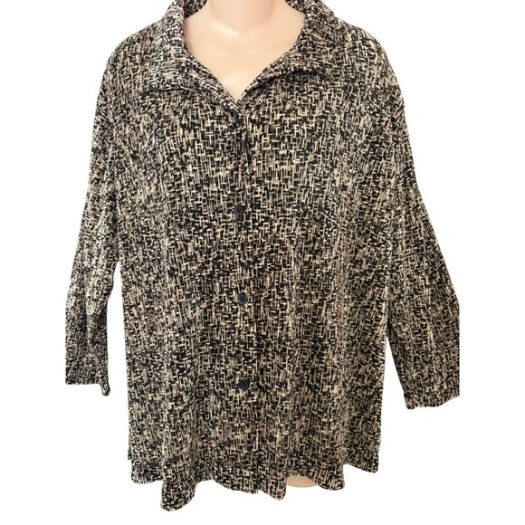 Coldwater Creek Womens XXL Black & Beige Abstract Button-Front Blouse 3/4 Sleeve - Picture 2 of 7